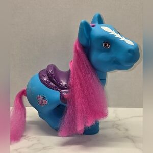 Blue Pony Toy Horse 11” Plastic Pink Hair w Saddle Kids Toy